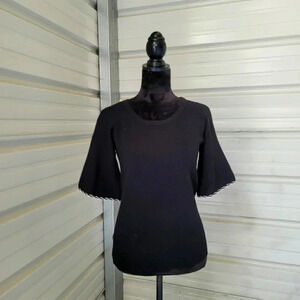 Ann Taylor Womens Knit Top Size S Bell Short Sleeve Stretch Sweater Black White
